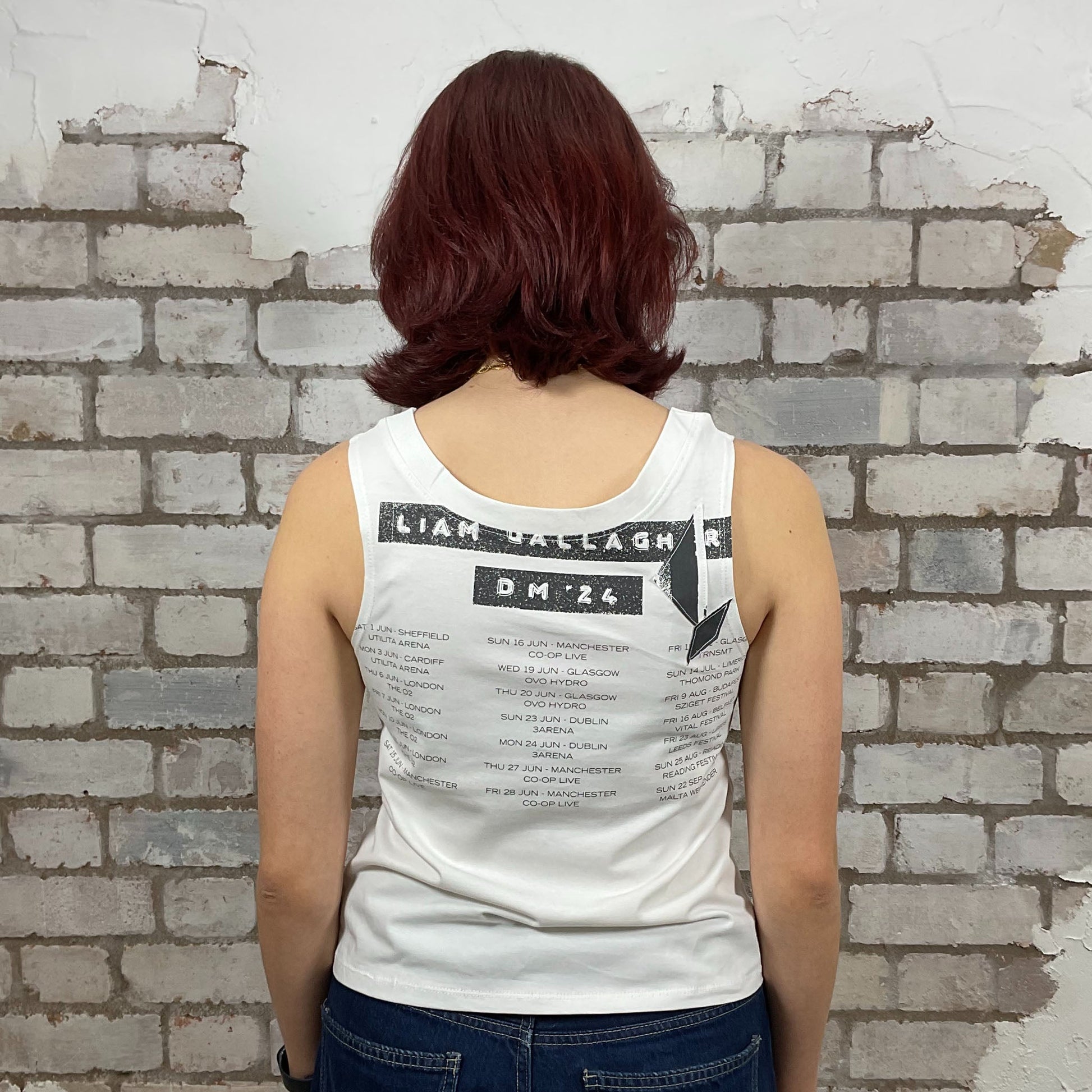 Liam Gallagher, Oasis, 2024 UK tour Graphic Tshirt, tank top made from upcycled graphic band tshirt, punk rock style street wear, athleisure wear, unwantees is a sustainable fashion brand, we take unwanted graphic tshirts otherwise destined for landfill and recycle clothing into vest tops for sports wear or leisure.  Refashioned band merch, Slash Neck Sleeveless Top