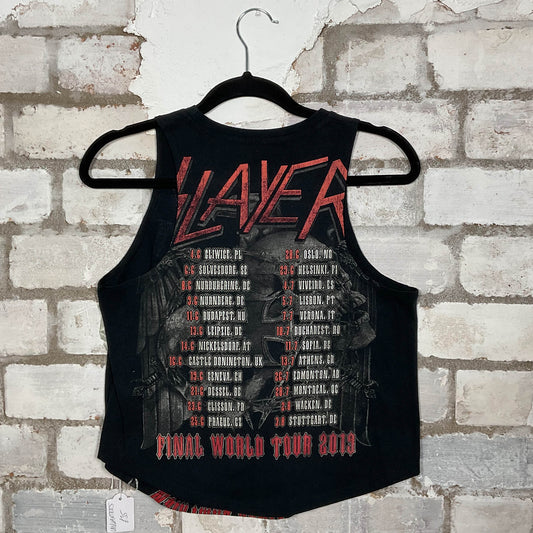 Rear View Slayer official Final World tour 2019 Double Sided merch graphics on black cotton Racerback Tank Top upcycled by Unwantees, sustainable fashion made in Great Britain from vintage graphic tshirt
