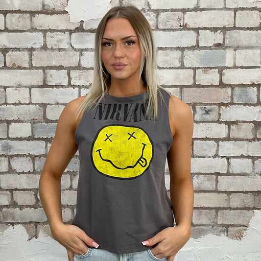 Nirvana Yellow Acid Face on dark grey graphic print tank top made from an upcycled graphic band tshirt, punk rock style street wear, athleisure wear, unwantees is a sustainable fashion brand, we take unwanted Y2K graphic tshirts otherwise destined for landfill and recycle clothing into vest tops for sports wear or leisure.  Refashioned band merch, Sleeveless Slash neck Top