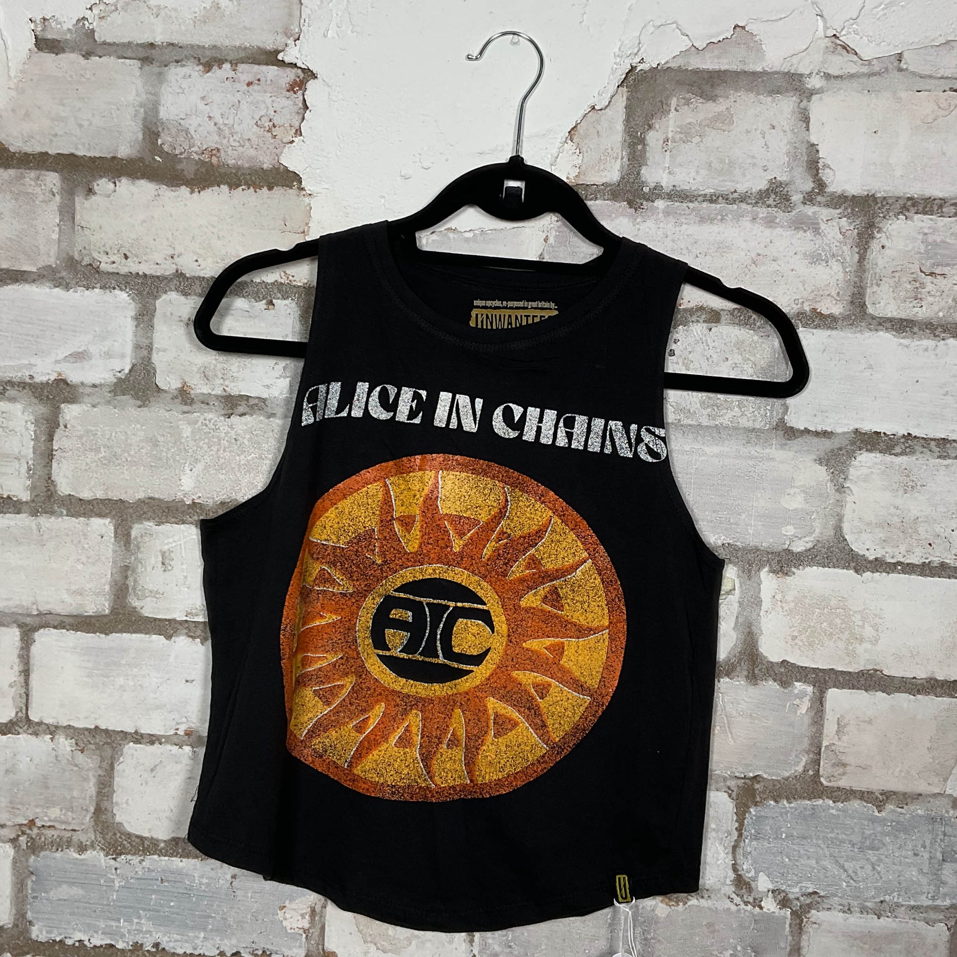 Alice in chains merch graphics on black cotton Racerback Tank Top upcycled by Unwantees, sustainable fashion made in Great Britain from vintage graphic tshirt 