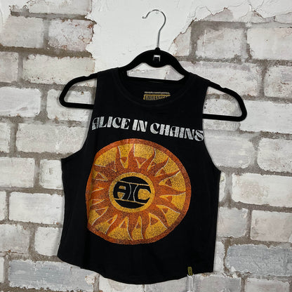 Alice in chains merch graphics on black cotton Racerback Tank Top upcycled by Unwantees, sustainable fashion made in Great Britain from vintage graphic tshirt 