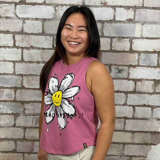 Peace Flower Graphic Dusty Pink Tshirt, tank top made from upcycled graphic band tshirt, punk rock style street wear, athleisure wear, unwantees is a sustainable fashion brand, we take unwanted graphic tshirts otherwise destined for landfill and recycle clothing into vest tops for sports wear or leisure.  Refashioned band merch, Slash Neck Sleeveless Top