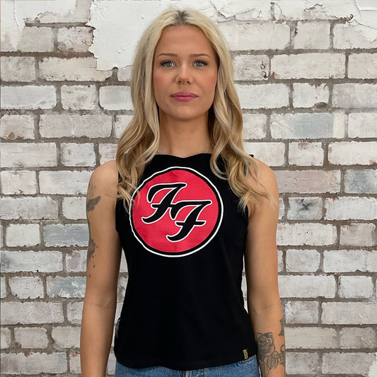 Classic Foo Fighters Motif graphic print tank top made from an upcycled graphic band tshirt, punk rock style street wear, athleisure wear, unwantees is a sustainable fashion brand, we take unwanted Y2K graphic tshirts otherwise destined for landfill and recycle clothing into vest tops for sports wear or leisure.  Refashioned band merch, Sleeveless Slash neck Top