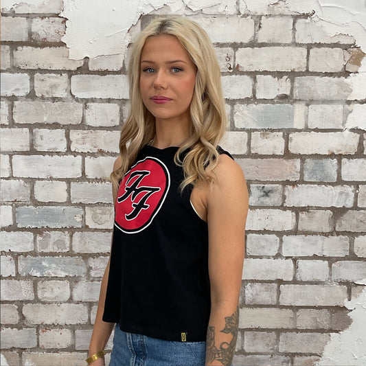 Foo Fighters Classic Red on Black Motif graphic print tank top made from an upcycled graphic band tshirt, punk rock style street wear, athleisure wear, unwantees is a sustainable fashion brand, we take unwanted Y2K graphic tshirts otherwise destined for landfill and recycle clothing into vest tops for sports wear or leisure.  Refashioned band merch, Sleeveless Slash neck Top