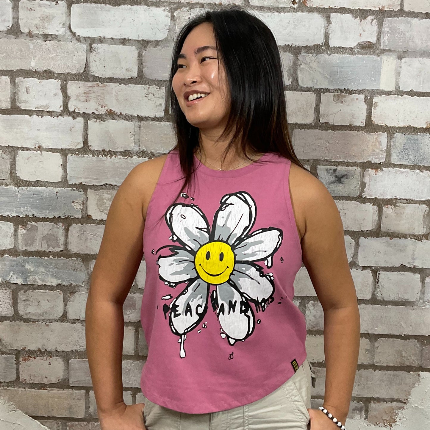 Happy Peace Flower Graphic Dusty Pink Tshirt, tank top made from upcycled graphic band tshirt, punk rock style street wear, athleisure wear, unwantees is a sustainable fashion brand, we take unwanted graphic tshirts otherwise destined for landfill and recycle clothing into vest tops for sports wear or leisure.  Refashioned band merch, Slash Neck Sleeveless Top