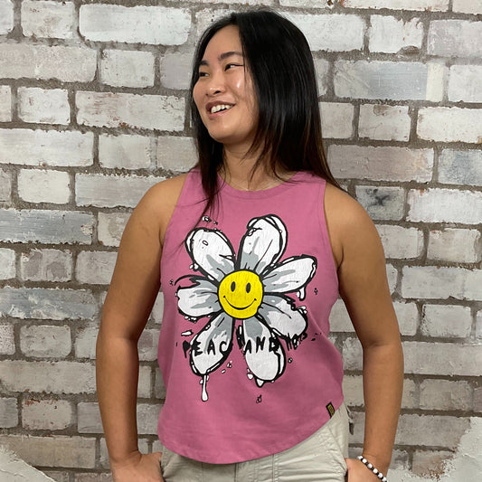 Happy Peace Flower Graphic Dusty Pink Tshirt, tank top made from upcycled graphic band tshirt, punk rock style street wear, athleisure wear, unwantees is a sustainable fashion brand, we take unwanted graphic tshirts otherwise destined for landfill and recycle clothing into vest tops for sports wear or leisure.  Refashioned band merch, Slash Neck Sleeveless Top