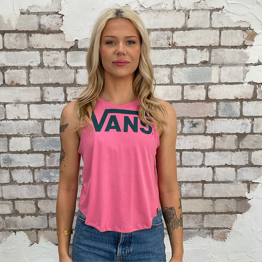 Vans Skate wear graphic print tank top made from an upcycled graphic band tshirt, punk rock style street wear, athleisure wear, unwantees is a sustainable fashion brand, we take unwanted Y2K graphic tshirts otherwise destined for landfill and recycle clothing into vest tops for sports wear or leisure.  Refashioned band merch, Sleeveless Racerback Top
