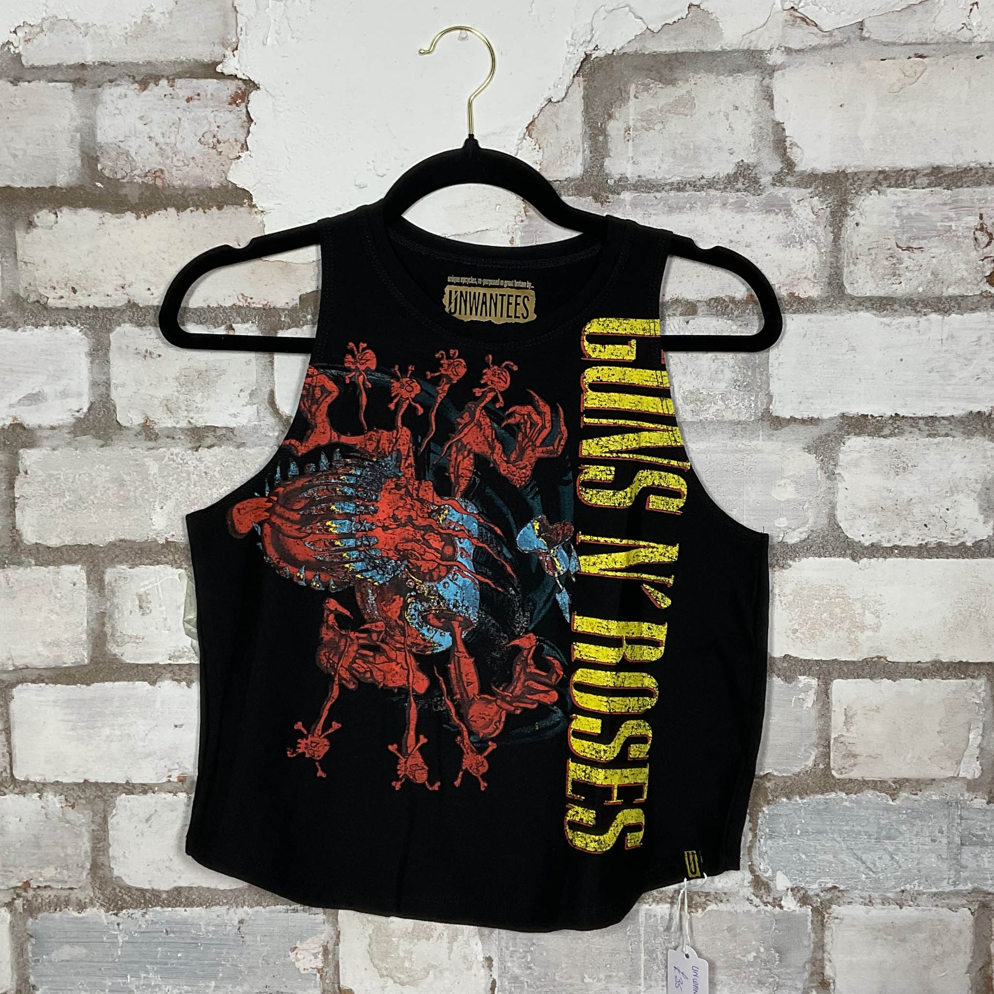 GNR Guns’N’Roses 1987/88 Tour Vintage Double Sided Tshirt merch graphics on black cotton Racerback Tank Top upcycled by Unwantees, sustainable fashion made in Great Britain from vintage graphic tshirt