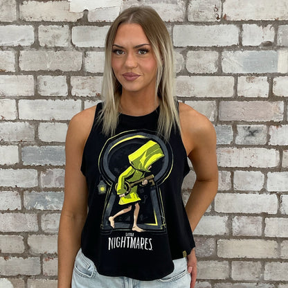 Upcycled Little Nightmares gaming tshirt by Unwantees, recycled racerback tank top, upcycled in the UK by unwantees. Sustainable fashion brand Unwantees recycled playstation gaming tshirt otherwise destined for landfill.  Sustainable upcycled fashion, punk and rock Music Style, sleeveless tank top, sustainable upcycled fashion, British recycled fashion brand