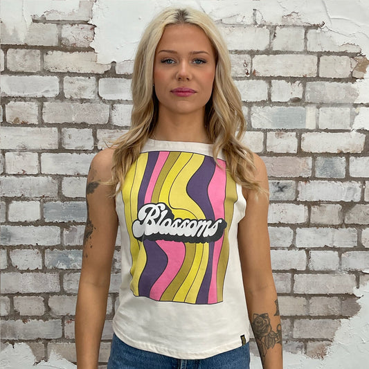 Blossoms Retro Print graphic print tank top made from an upcycled graphic band tshirt, punk rock style street wear, athleisure wear, unwantees is a sustainable fashion brand, we take unwanted Y2K graphic tshirts otherwise destined for landfill and recycle clothing into vest tops for sports wear or leisure.  Refashioned band merch, Sleeveless Slash Neck Top
