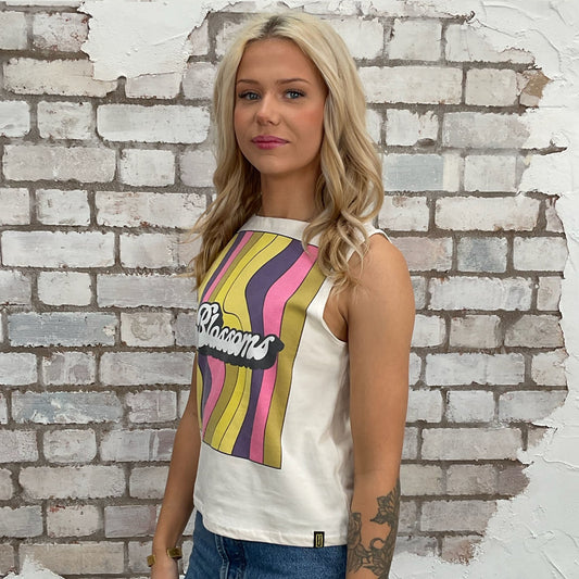 Retro print Blossoms band graphic print tank top made from an upcycled graphic band tshirt, punk rock style street wear, athleisure wear, unwantees is a sustainable fashion brand, we take unwanted Y2K graphic tshirts otherwise destined for landfill and recycle clothing into vest tops for sports wear or leisure.  Refashioned band merch, Sleeveless Slash Neck Top
