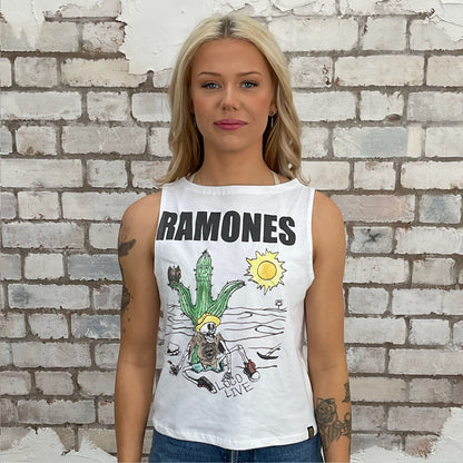 Loco Live by The Ramones Print Slash neck tank top made from an upcycled grey graphic band tshirt, punk rock style street wear, athleisure wear, unwantees is a sustainable fashion brand, we take unwanted graphic tshirts otherwise destined for landfill and recycle clothing into vest tops for sports wear or leisure.  Refashioned band merch, Slash Neck Sleeveless Top