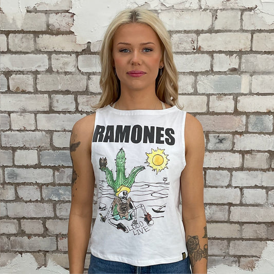 Loco Live by The Ramones Print Slash neck tank top made from an upcycled grey graphic band tshirt, punk rock style street wear, athleisure wear, unwantees is a sustainable fashion brand, we take unwanted graphic tshirts otherwise destined for landfill and recycle clothing into vest tops for sports wear or leisure.  Refashioned band merch, Slash Neck Sleeveless Top