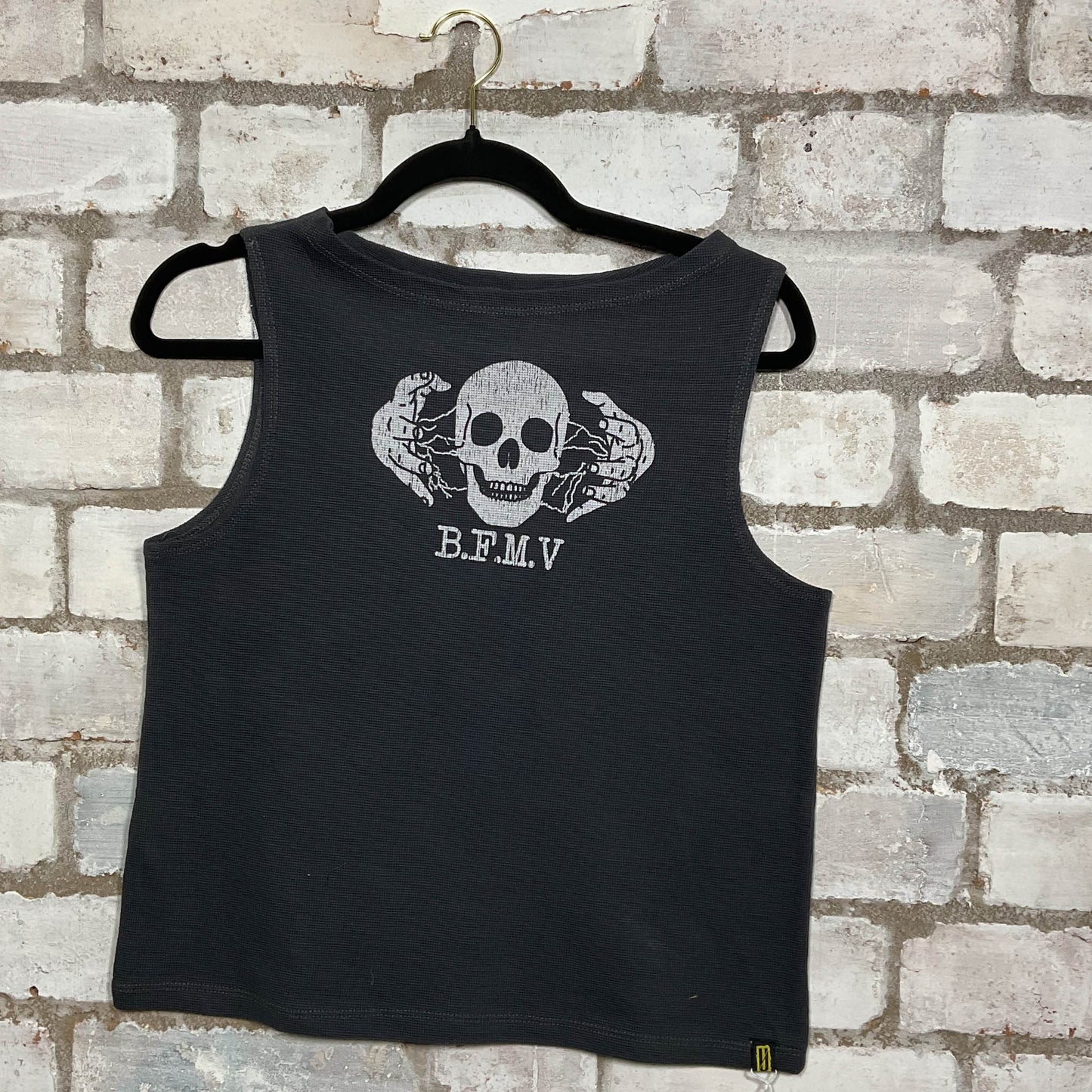 Bullet for my Valentine Double Sided Tshirt merch graphics on grey waffle textured Scoop Neck Tank Top upcycled by Unwantees, sustainable fashion made in Great Britain from vintage graphic tshirt 