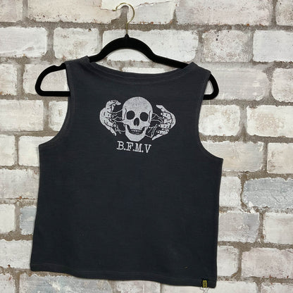 Bullet for my Valentine Double Sided Tshirt merch graphics on grey waffle textured Scoop Neck Tank Top upcycled by Unwantees, sustainable fashion made in Great Britain from vintage graphic tshirt 