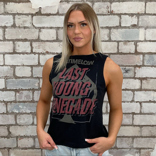 ALT All Time Low Last Young Renegade Print Slash neck tank top made from upcycled graphic band tshirt, punk rock style street wear, athleisure wear, unwantees is a sustainable fashion brand, we take unwanted graphic tshirts otherwise destined for landfill and recycle clothing into vest tops for sports wear or leisure.  Refashioned band merch, Slash Neck Sleeveless Top