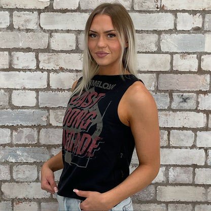 Last Young Renegade All Time Low Print Slash neck tank top made from upcycled graphic band tshirt, punk rock style street wear, athleisure wear, unwantees is a sustainable fashion brand, we take unwanted graphic tshirts otherwise destined for landfill and recycle clothing into vest tops for sports wear or leisure.  Refashioned band merch, Slash Neck Sleeveless Top
