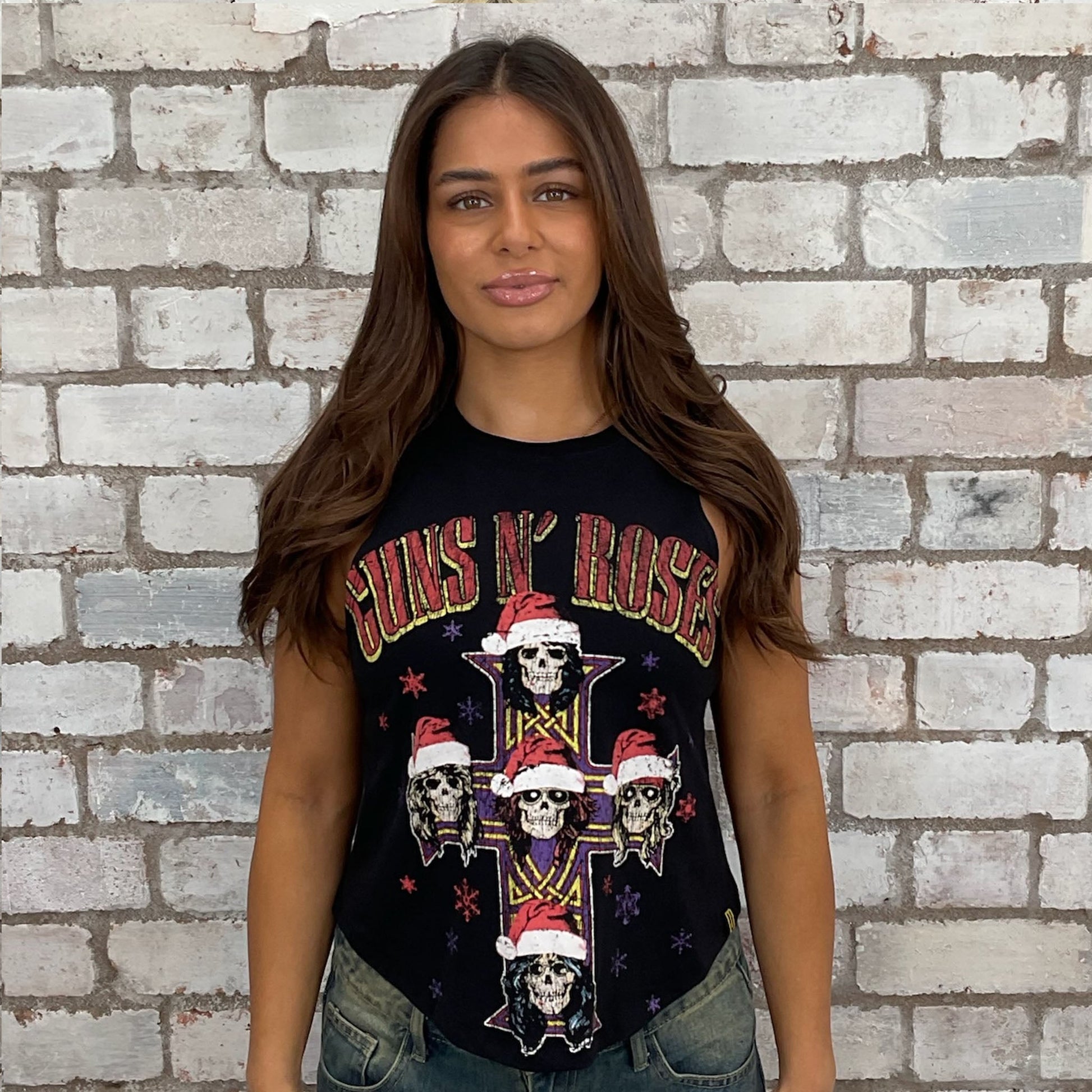 Celebrate Christmas with Guns N Roses Print Slash neck tank top made from upcycled graphic band tshirt, punk rock style street wear, athleisure wear, unwantees is a sustainable fashion brand, we take unwanted graphic tshirts otherwise destined for landfill and recycle clothing into vest tops for sports wear or leisure.  Refashioned band merch, Slash Neck Sleeveless Top