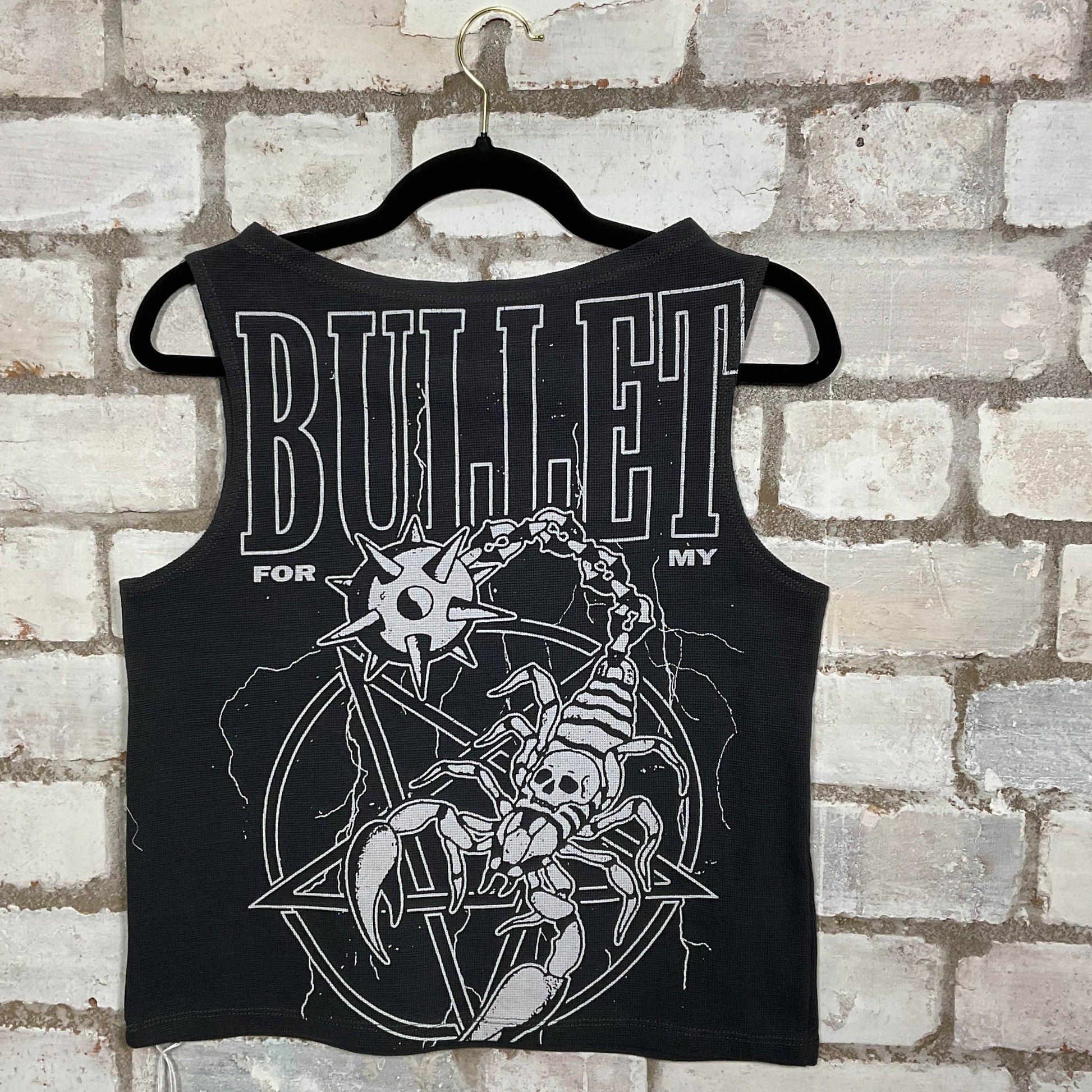 Reverse Print Bullet for my Valentine Double Sided Tshirt merch graphics on grey waffle textured Scoop Neck Tank Top upcycled by Unwantees, sustainable fashion made in Great Britain from vintage graphic tshirt 