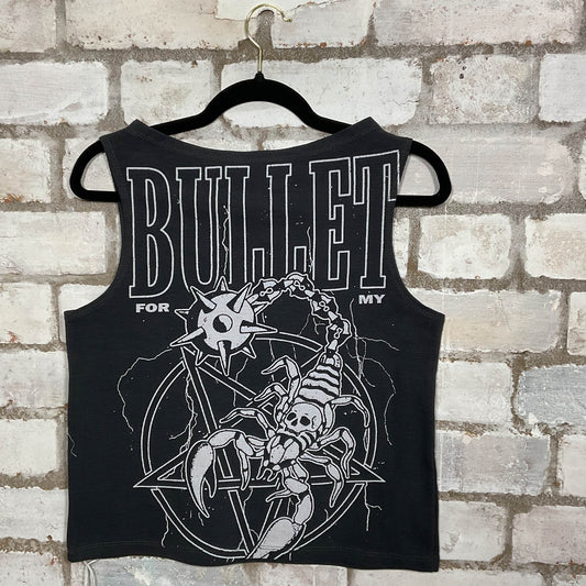 Reverse Print Bullet for my Valentine Double Sided Tshirt merch graphics on grey waffle textured Scoop Neck Tank Top upcycled by Unwantees, sustainable fashion made in Great Britain from vintage graphic tshirt 