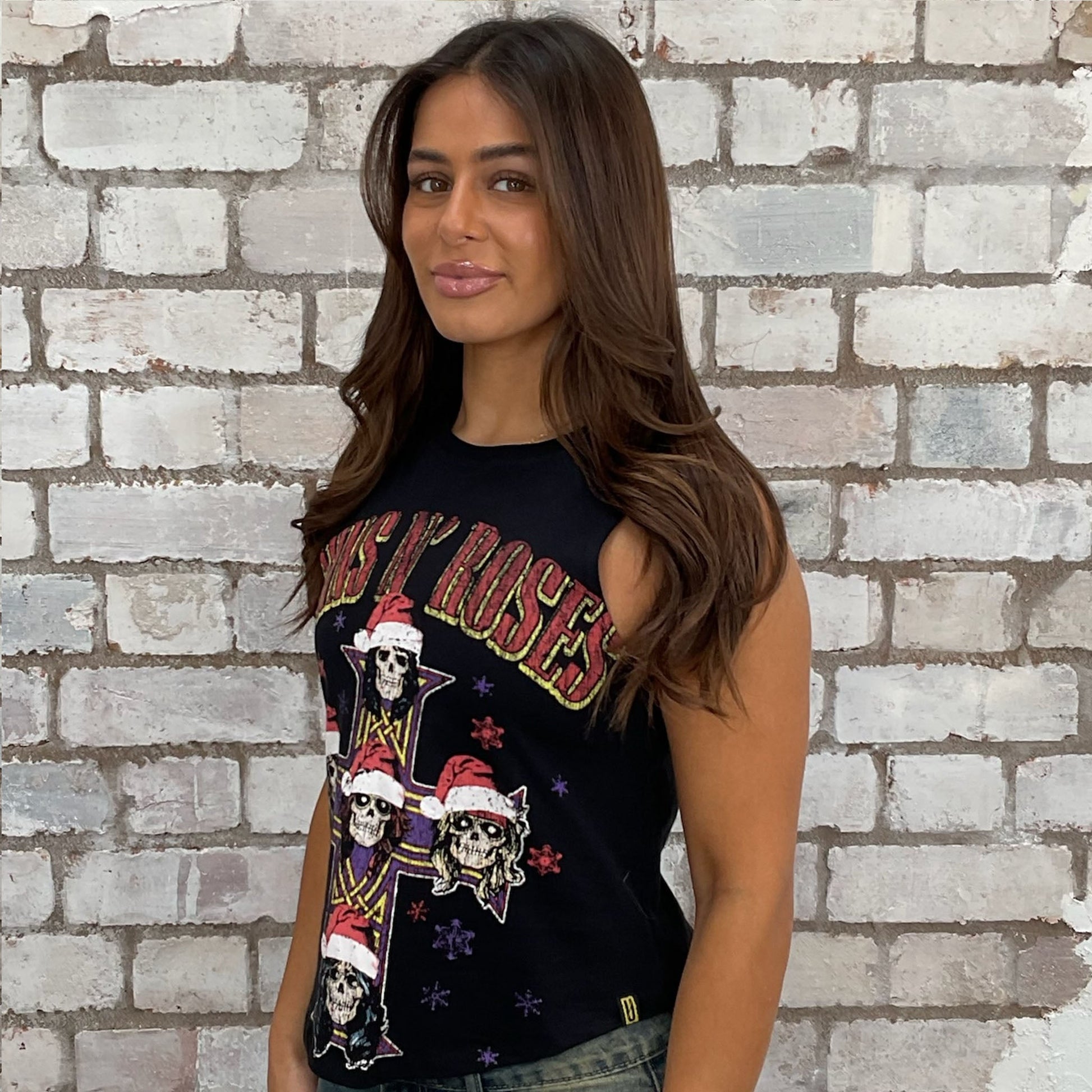 Celebrate Christmas with Guns N Roses Print Slash neck tank top made from upcycled graphic GNR band tshirt, punk rock style street wear, athleisure wear, unwantees is a sustainable fashion brand, we take unwanted graphic tshirts otherwise destined for landfill and recycle clothing into vest tops for sports wear or leisure.  Refashioned band merch, Slash Neck Sleeveless Top