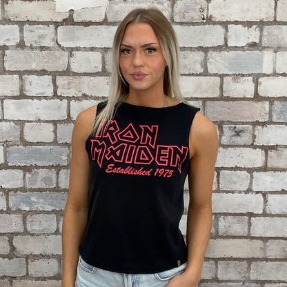 Iron Maiden Red Band Logo on black Slash neck tank top made from upcycled graphic band tshirt, punk rock style street wear, athleisure wear, unwantees is a sustainable fashion brand, we take unwanted graphic tshirts otherwise destined for landfill and recycle clothing into vest tops for sports wear or leisure.  Refashioned band merch, Slash Neck Sleeveless Top