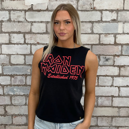 Iron Maiden Red Band Logo on black Slash neck tank top made from upcycled graphic band tshirt, punk rock style street wear, athleisure wear, unwantees is a sustainable fashion brand, we take unwanted graphic tshirts otherwise destined for landfill and recycle clothing into vest tops for sports wear or leisure.  Refashioned band merch, Slash Neck Sleeveless Top