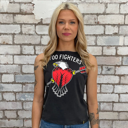 Foo Fighters branding and Logo on black Slash neck tank top made from upcycled graphic band tshirt, punk rock style street wear, athleisure wear, unwantees is a sustainable fashion brand, we take unwanted graphic tshirts otherwise destined for landfill and recycle clothing into vest tops for sports wear or leisure.  Refashioned band merch, Slash Neck Sleeveless Top
