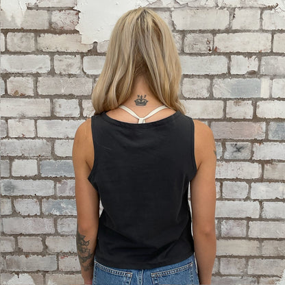 Foo Fighters print on black Slash neck tank top made from upcycled graphic band tshirt, punk rock style street wear, athleisure wear, unwantees is a sustainable fashion brand, we take unwanted graphic tshirts otherwise destined for landfill and recycle clothing into vest tops for sports wear or leisure.  Refashioned band merch, Slash Neck Sleeveless Top