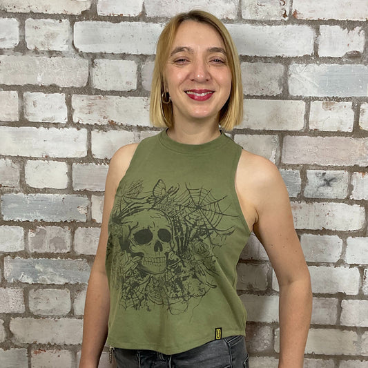 Skull Graphic Print tank top in Khaki Green with,  made from upcycled and deconstructed graphic tshirt, punk rock style street wear, athleisure wear, unwantees is a sustainable fashion brand, we take unwanted graphic tshirts otherwise destined for landfill and recycle clothing into vest tops for sports wear or leisure.  Refashioned band merch, Slash Neck Sleeveless Top