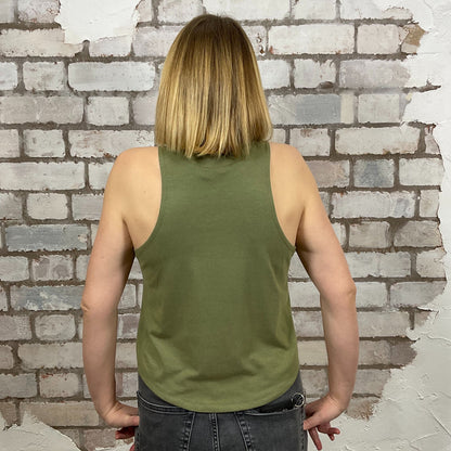 Skull illustration Graphic Print tank top in Khaki Green with,  made from upcycled and deconstructed graphic tshirt, punk rock style street wear, athleisure wear, unwantees is a sustainable fashion brand, we take unwanted graphic tshirts otherwise destined for landfill and recycle clothing into vest tops for sports wear or leisure.  Refashioned band merch, Slash Neck Sleeveless Top