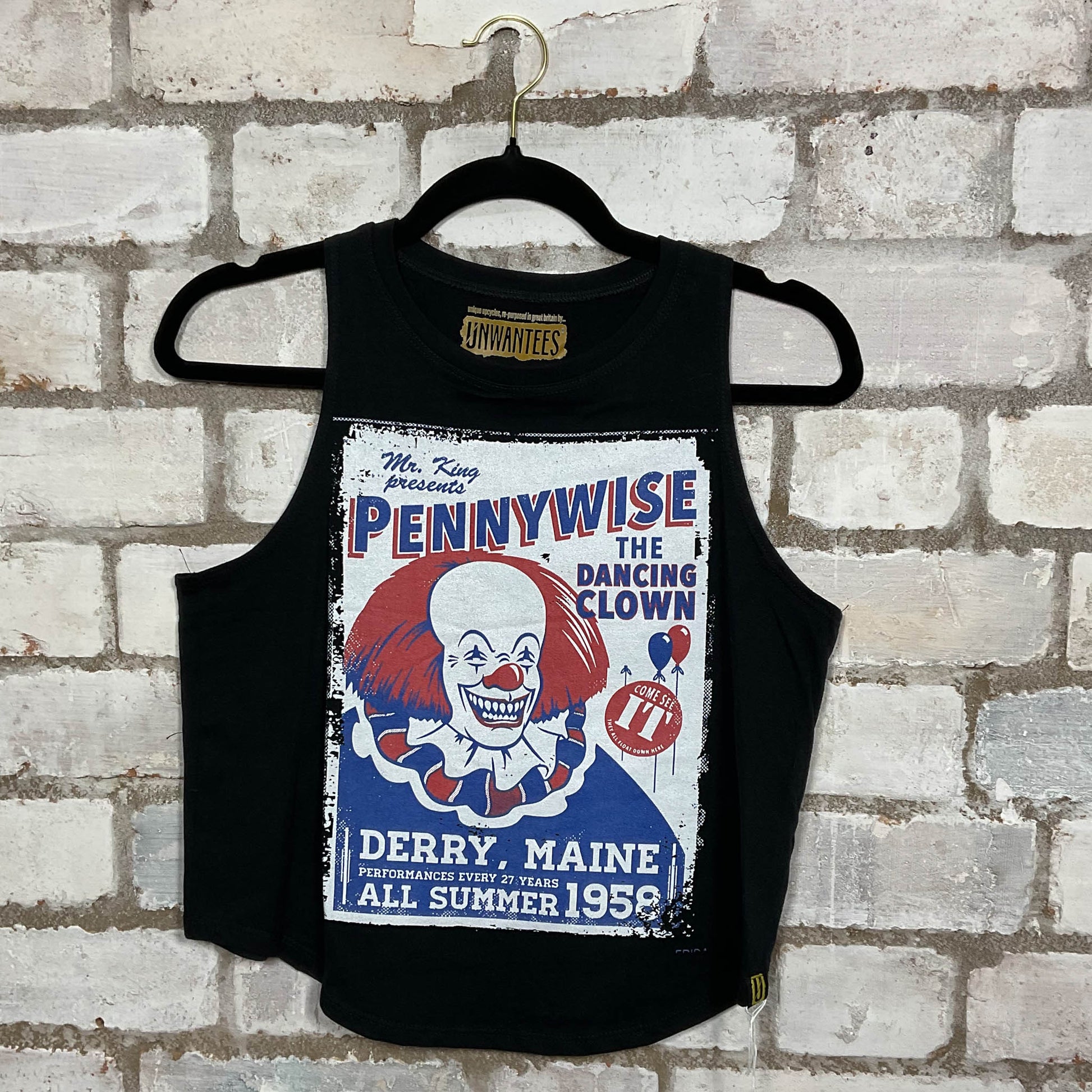 Pennywise the Clown merch graphics on black cotton Racerback Tank Top upcycled by Unwantees, sustainable fashion made in Great Britain from vintage graphic tshirt 