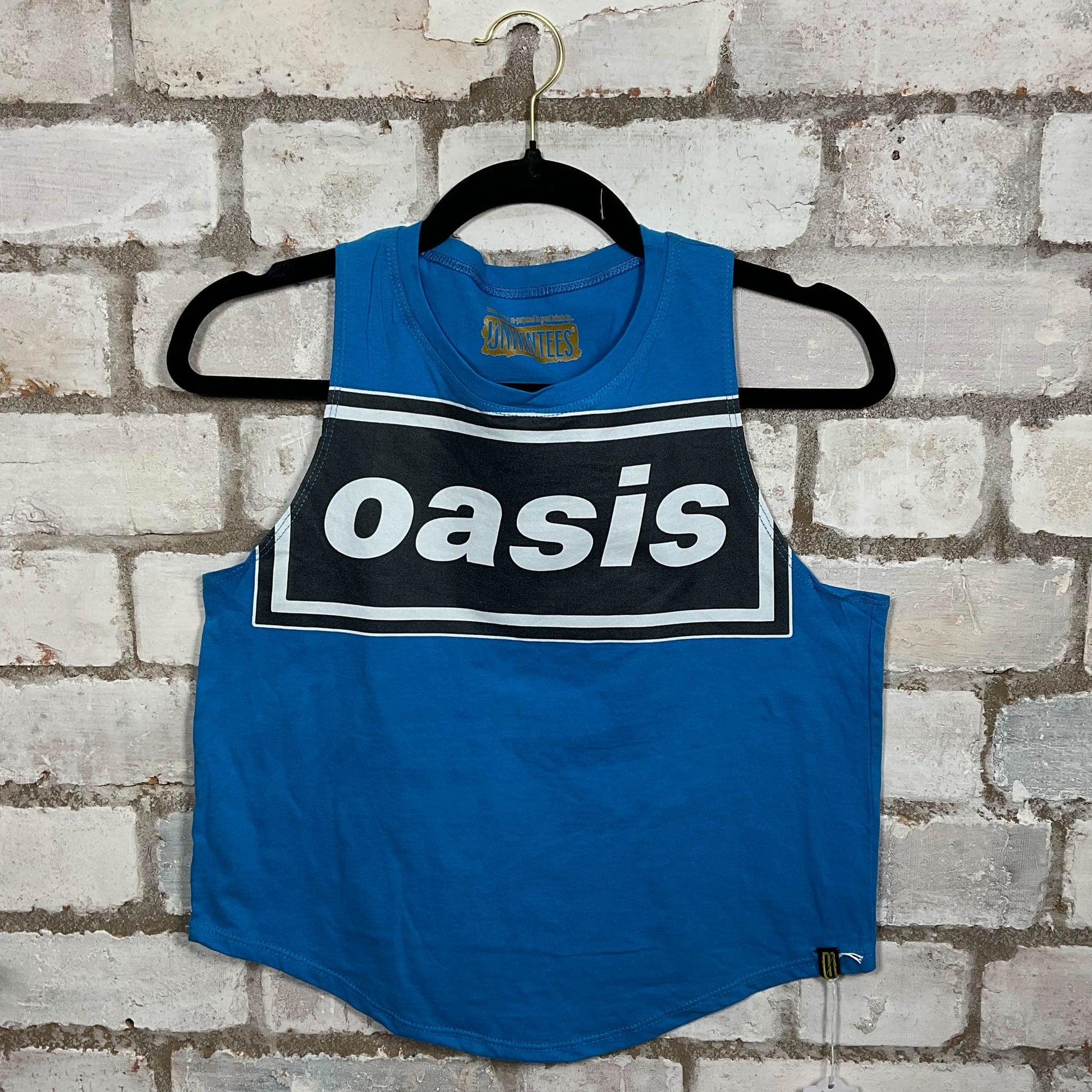 OASIS Classic logo merch graphics on Royal Blue cotton Racerback Tank Top upcycled by Unwantees, sustainable fashion made in Great Britain from vintage graphic tshirt 