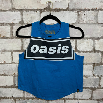 OASIS Classic logo merch graphics on Royal Blue cotton Racerback Tank Top upcycled by Unwantees, sustainable fashion made in Great Britain from vintage graphic tshirt 