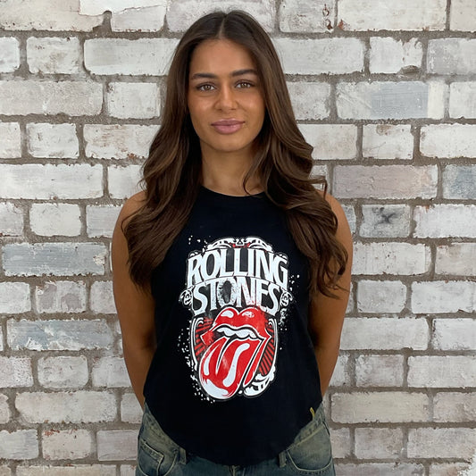 Rolling Stones graphic tshirt upcycled by Unwantees, recycled racerback tank top, upcycled in the UK by unwantees. Punk Rock vest top, Sustainable fashion brand Unwantees recycled Jagger tshirt otherwise destined for landfill.  Sustainable upcycled fashion, rock Music Style, sleeveless tank top, sustainable upcycled fashion, British recycled fashion brand, slow fashion, eco conscious fashion