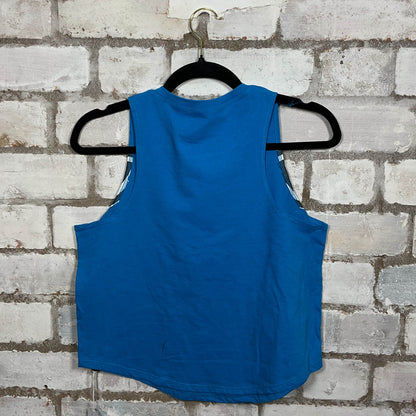 Rear View of OASIS Classic logo merch graphics on Royal Blue cotton Racerback Tank Top upcycled by Unwantees, sustainable fashion made in Great Britain from vintage graphic tshirt 