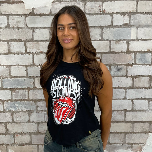 Recycled Rolling Stones graphic print tshirt into a racerback tank top, upcycled in the UK by unwantees. Punk Rock vest top, Sustainable fashion brand Unwantees recycled band music tshirt otherwise destined for landfill.  Sustainable upcycled fashion, rock Music Style, sleeveless tank top, sustainable upcycled fashion, British recycled fashion brand, slow fashion, eco conscious fashion
