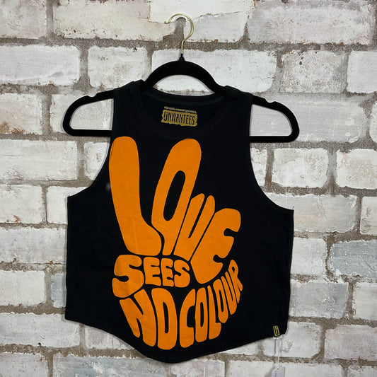 Love Sees No Colour Orange Text graphics on black cotton Racerback Tank Top upcycled by Unwantees, sustainable fashion made in Great Britain from vintage graphic tshirt 