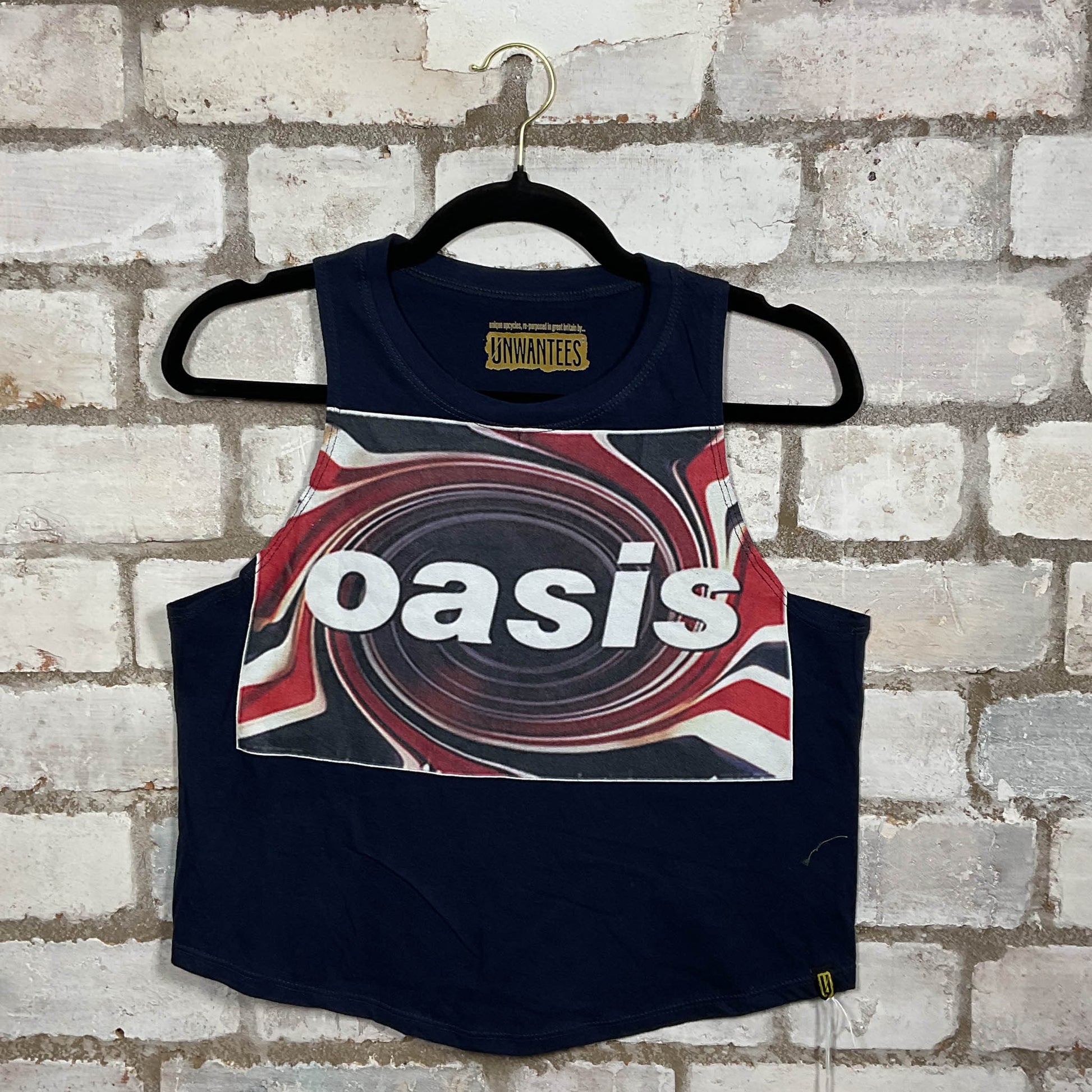 OASIS Brit Pop Classic logo merch graphics on Navy cotton Racerback Tank Top upcycled by Unwantees, sustainable fashion made in Great Britain from vintage graphic tshirt 