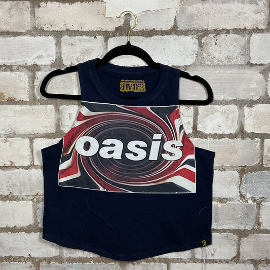OASIS Brit Pop Classic logo merch graphics on Navy cotton Racerback Tank Top upcycled by Unwantees, sustainable fashion made in Great Britain from vintage graphic tshirt 