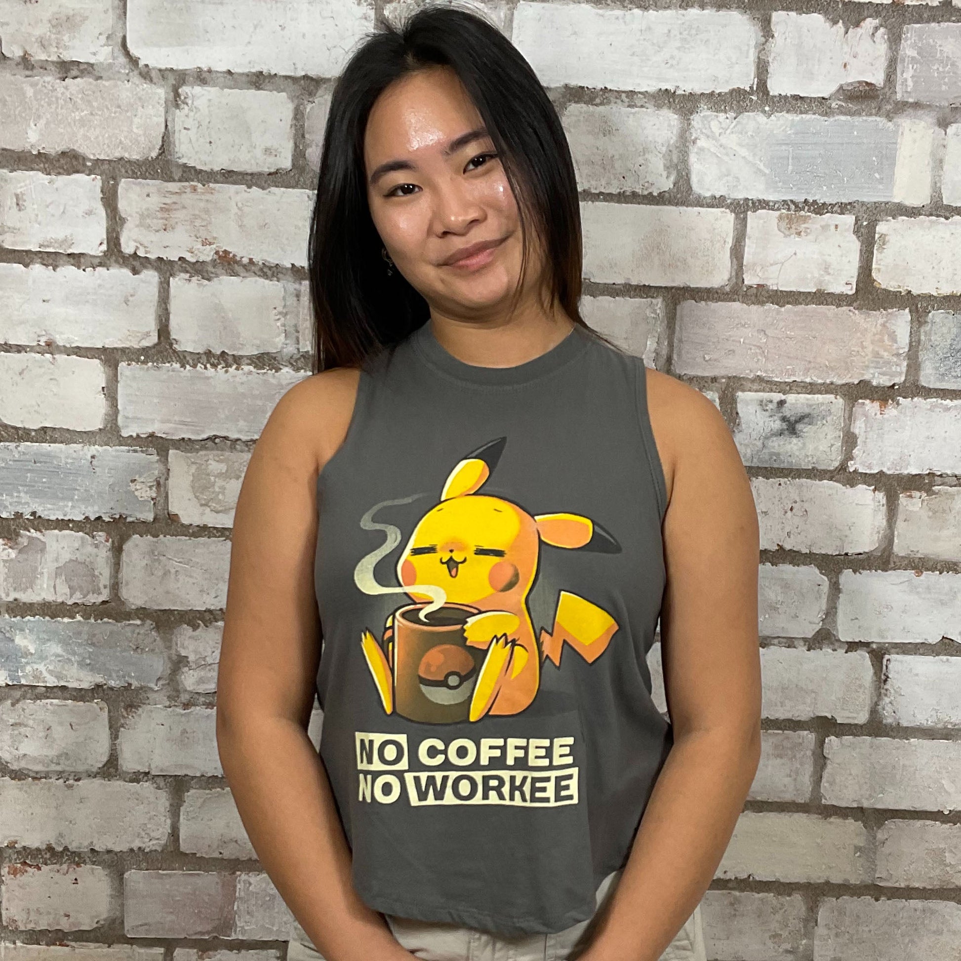 No Coffee No Workee Pokeman graphic print Unwantee made from upcycled and deconstructed graphic tshirt, punk rock style street wear, athleisure wear, unwantees is a sustainable fashion brand, we take unwanted graphic tshirts otherwise destined for landfill and recycle clothing into vest tops for sports wear or leisure.  Refashioned band merch, Slash Neck Sleeveless Top