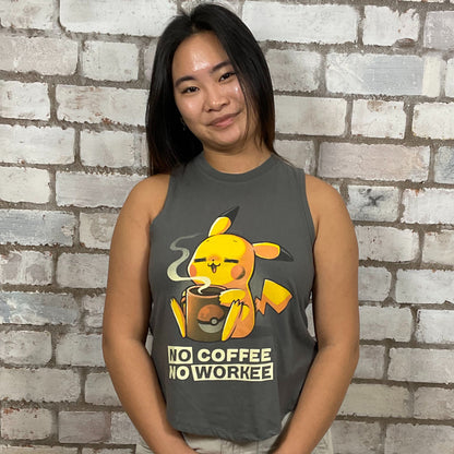 No Coffee No Workee Pokeman graphic print Unwantee made from upcycled and deconstructed graphic tshirt, punk rock style street wear, athleisure wear, unwantees is a sustainable fashion brand, we take unwanted graphic tshirts otherwise destined for landfill and recycle clothing into vest tops for sports wear or leisure.  Refashioned band merch, Slash Neck Sleeveless Top