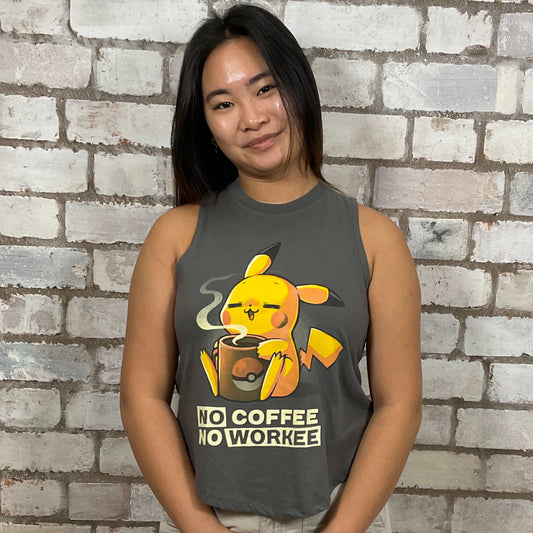 No Coffee No Workee Pokeman graphic print Unwantee made from upcycled and deconstructed graphic tshirt, punk rock style street wear, athleisure wear, unwantees is a sustainable fashion brand, we take unwanted graphic tshirts otherwise destined for landfill and recycle clothing into vest tops for sports wear or leisure.  Refashioned band merch, Slash Neck Sleeveless Top
