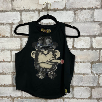 Cigar Smoking Gangster graphics on black cotton Racerback Tank Top upcycled by Unwantees, sustainable fashion made in Great Britain from vintage graphic tshirt 