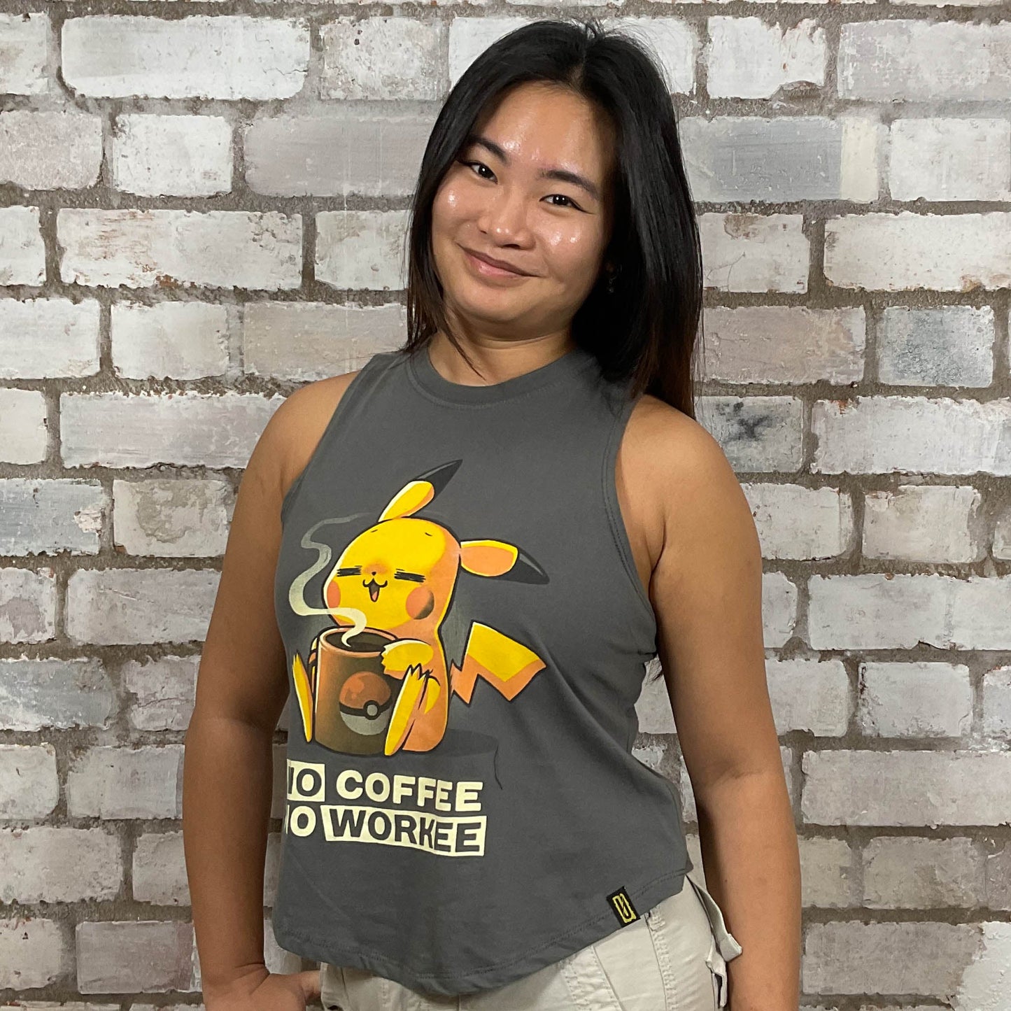 No Coffee No Workee Pokeman style graphic print Unwantee made from upcycled and deconstructed graphic tshirt, punk rock style street wear, athleisure wear, unwantees is a sustainable fashion brand, we take unwanted graphic tshirts otherwise destined for landfill and recycle clothing into vest tops for sports wear or leisure.  Refashioned band merch, Slash Neck Sleeveless Top