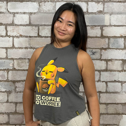 No Coffee No Workee Pokeman style graphic print Unwantee made from upcycled and deconstructed graphic tshirt, punk rock style street wear, athleisure wear, unwantees is a sustainable fashion brand, we take unwanted graphic tshirts otherwise destined for landfill and recycle clothing into vest tops for sports wear or leisure.  Refashioned band merch, Slash Neck Sleeveless Top