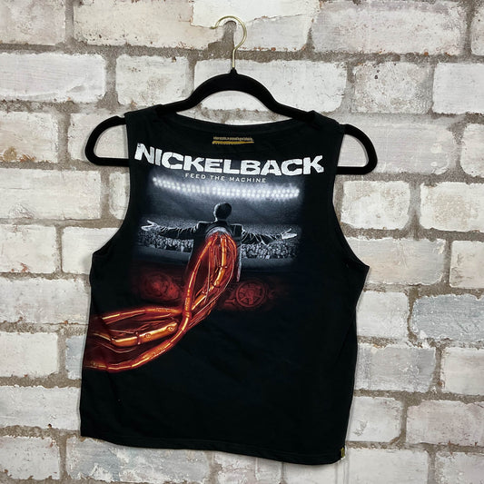 Nickleback Feed the machine 2018 graphics on black cotton Racerback Tank Top upcycled by Unwantees, sustainable fashion made in Great Britain from vintage graphic tshirt