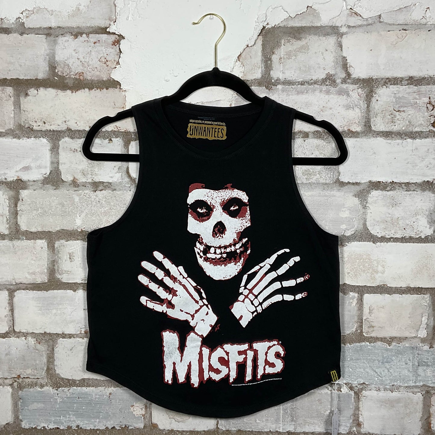 The Misfits classic logo in white print on a black cotton Racerback Vest Top upcycled by Unwantees, sustainable fashion made in Great Britain from vintage graphic tshirt 