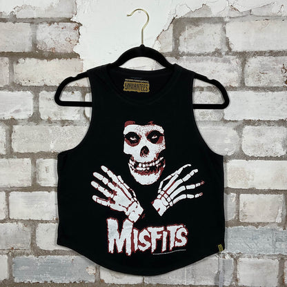 The Misfits classic logo in white print on a black cotton Racerback Vest Top upcycled by Unwantees, sustainable fashion made in Great Britain from vintage graphic tshirt 