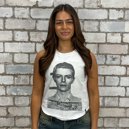 David Bowie famous mugshot graphic tshirt upcycled by Unwantees, recycled tshirt otherwise destined for landfill.  Rock and Roll graphic tshirt upcycled by Unwantees, racerback tank top, upcycled in the UK by unwantees. Sustainable upcycled fashion, rock Music Style, sleeveless tank top, sustainable upcycled fashion, British recycled fashion brand, slow fashion, eco conscious fashion